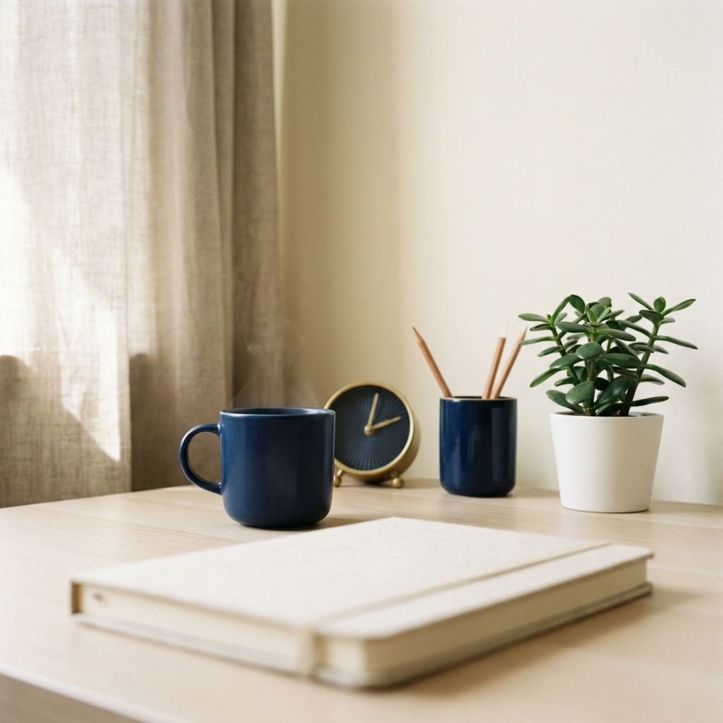 Mesa de consultório com caderno fechado, caneca, relógio de mesa e uma pequena planta, iluminada por luz natural.